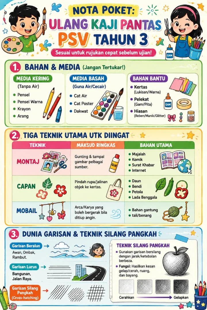 Nota PSV Tahun 3 bahagian 2 - bahan dan media, tiga teknik utama montaj capan mobail serta teknik silang pangkah