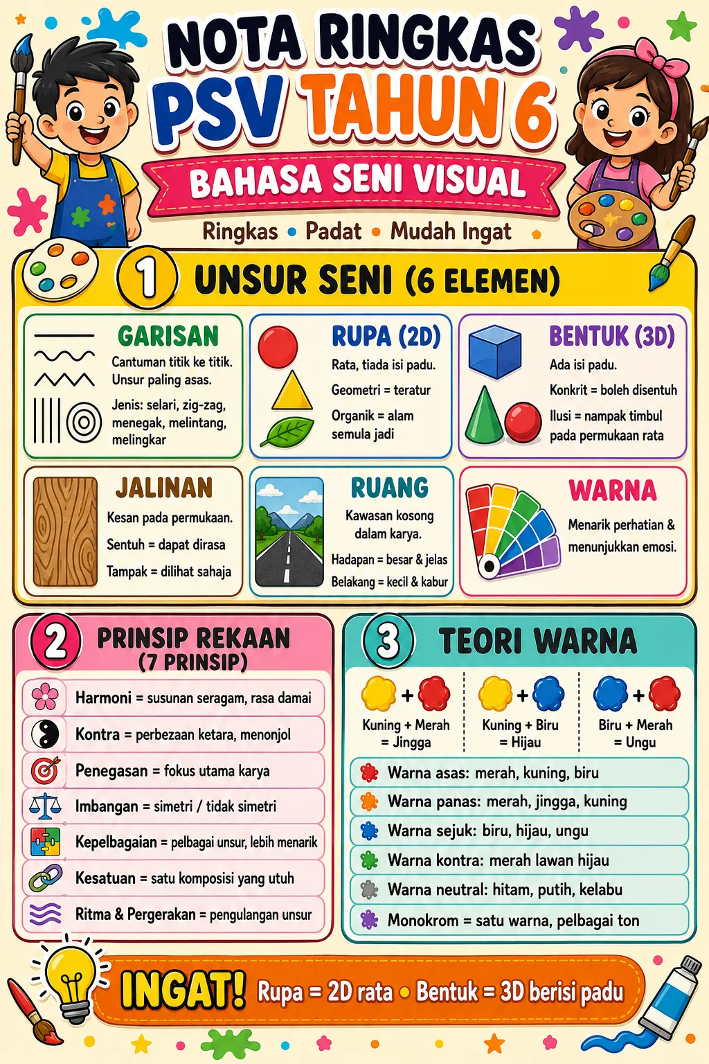 Nota PSV Tahun 6 bahagian 1 - bahasa seni visual merangkumi unsur seni 6 elemen, prinsip rekaan 7 prinsip dan teori warna